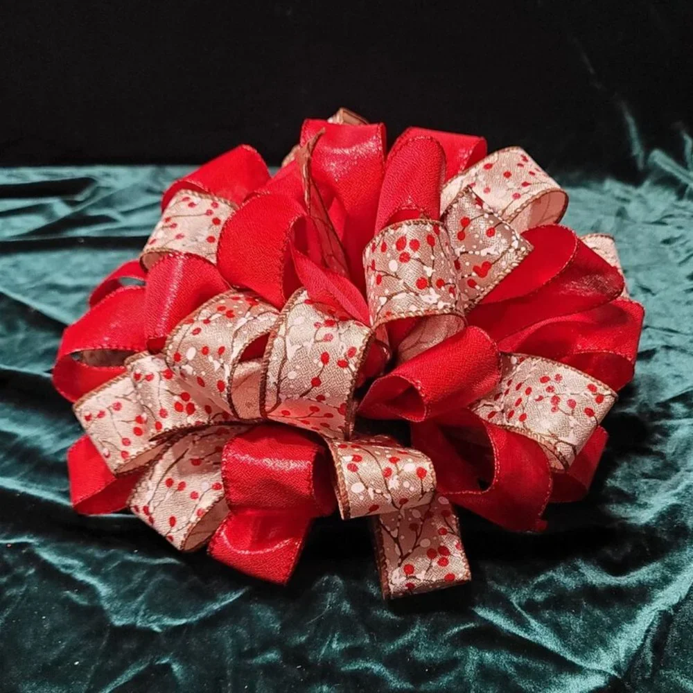 Snowy Red Berry and Red Ribbon 44 Loop Bow Tree Topper